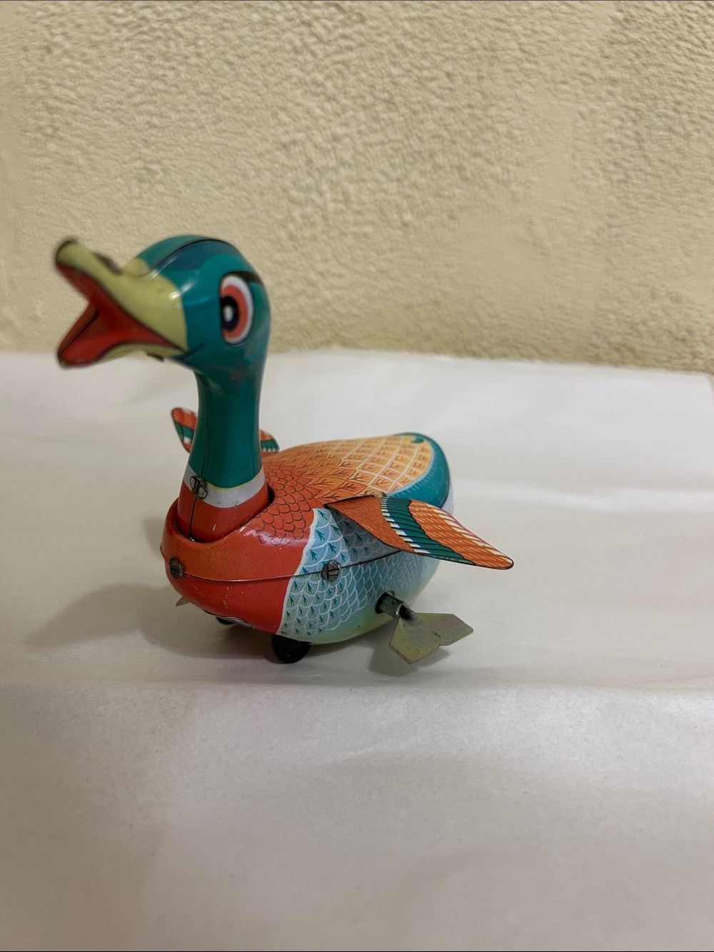 Vintage Tin Wind-Up Duck Toy in Teal & Orange